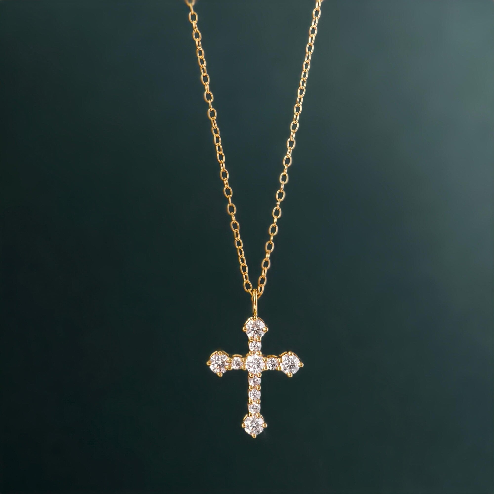 14k gold cross lab grown diamond pendant necklace, detailed close-up showing fine craftsmanship