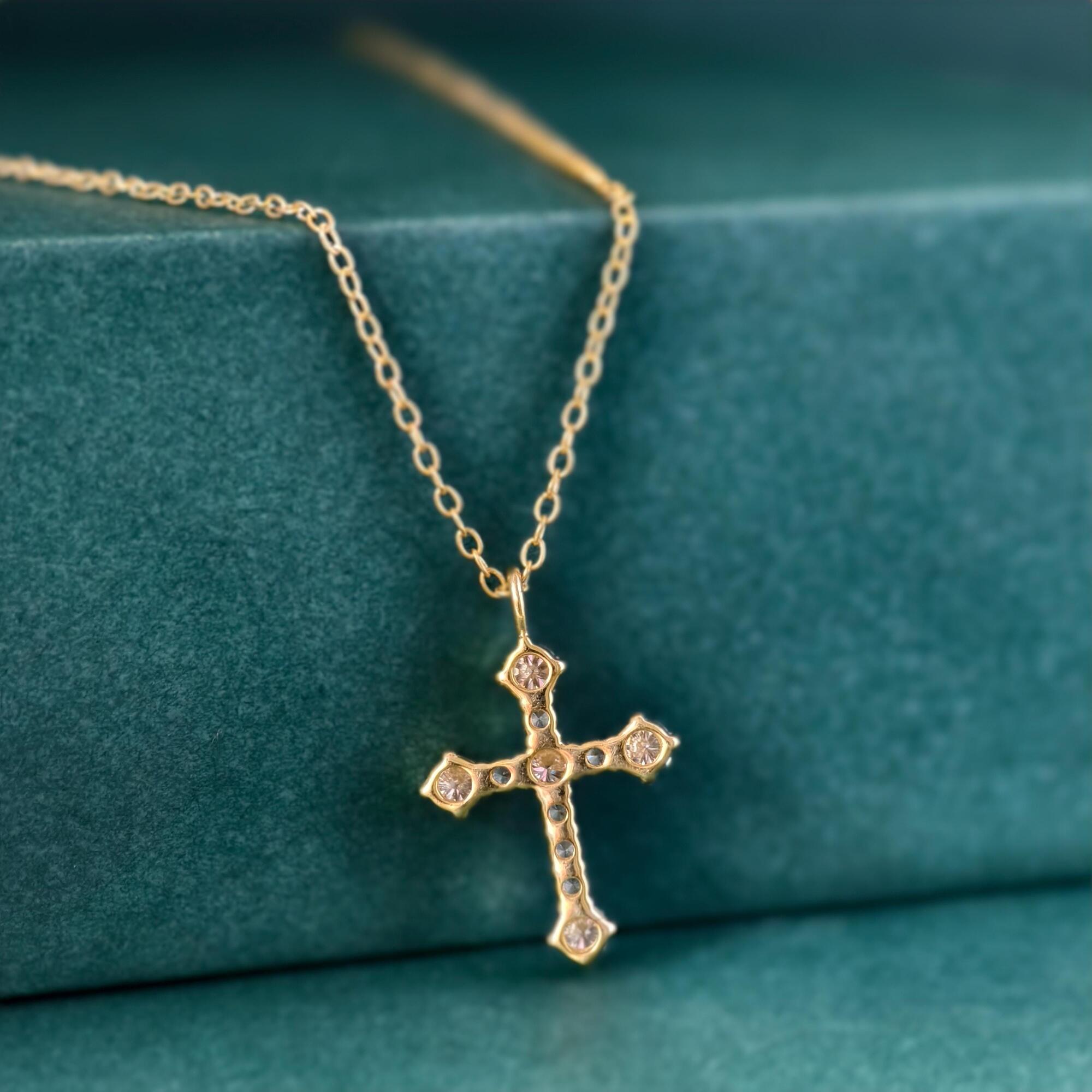 14k gold cross lab grown diamond pendant necklace, side profile view showing fine craftsmanship