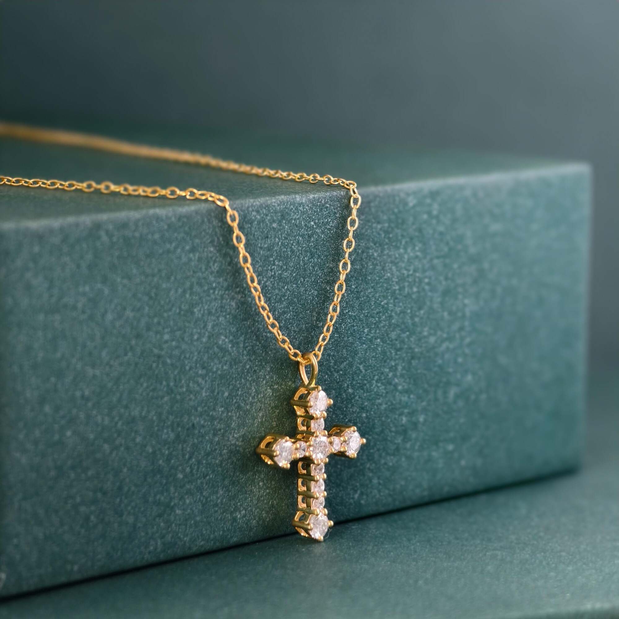 14k gold cross lab grown diamond pendant necklace, styled on model showing fine craftsmanship