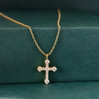 14k gold cross lab grown diamond pendant necklace, top angle view showing fine craftsmanship