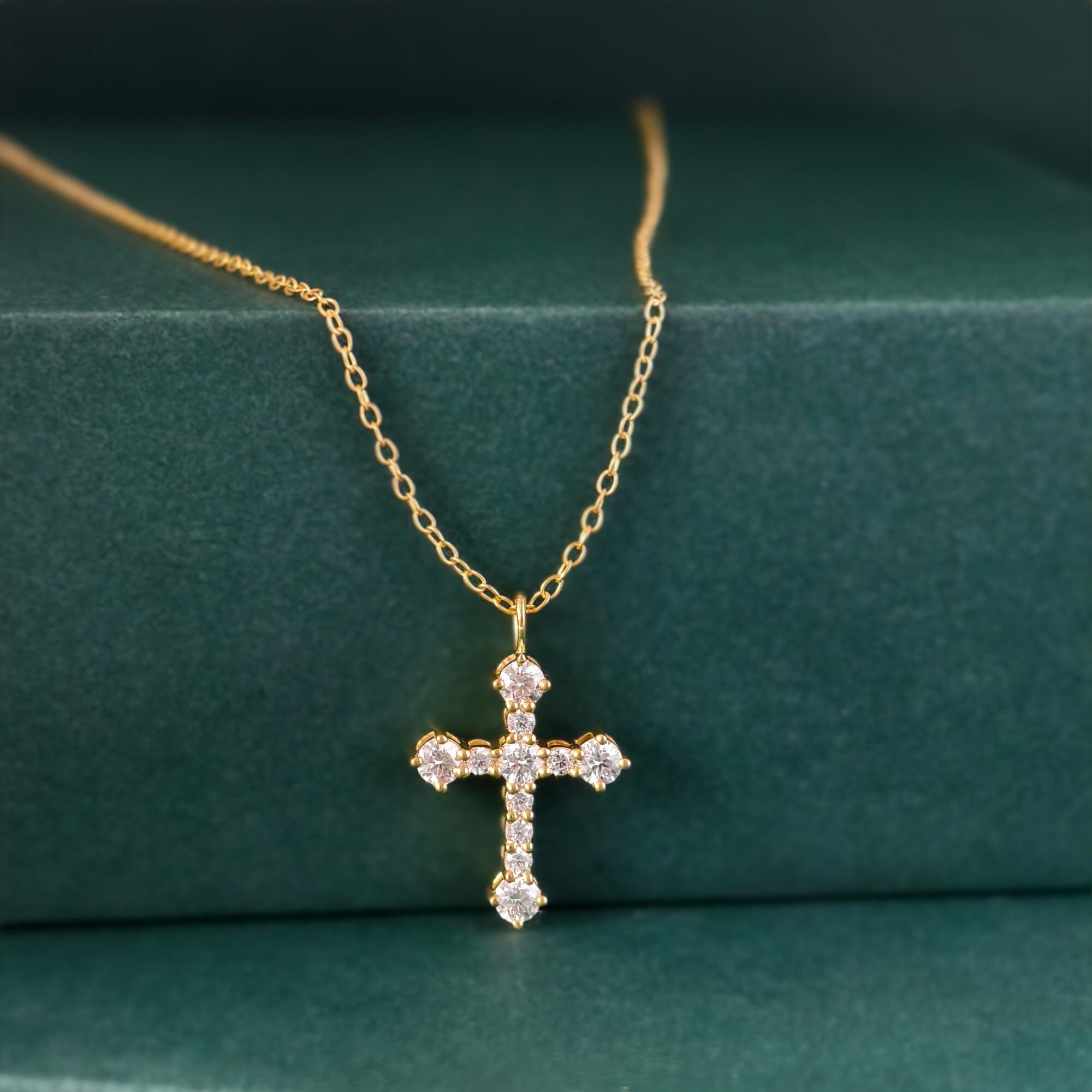 14k gold cross lab grown diamond pendant necklace, top angle view showing fine craftsmanship