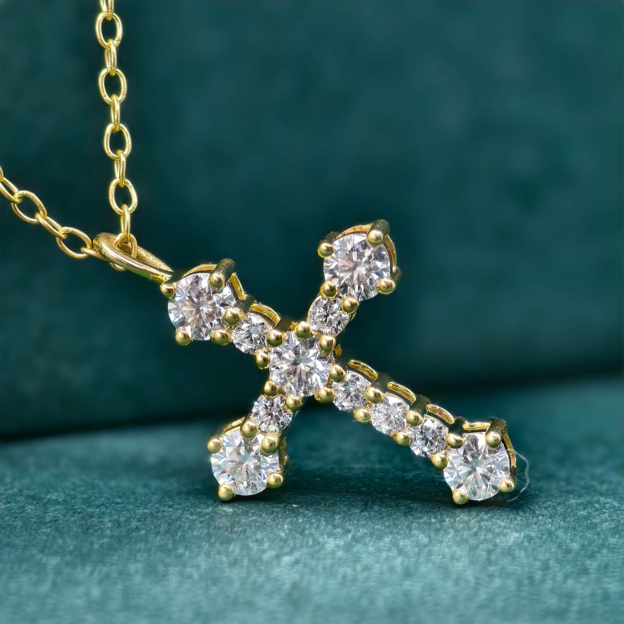 14k gold cross lab grown diamond pendant necklace, sparkle detail shot showing fine craftsmanship