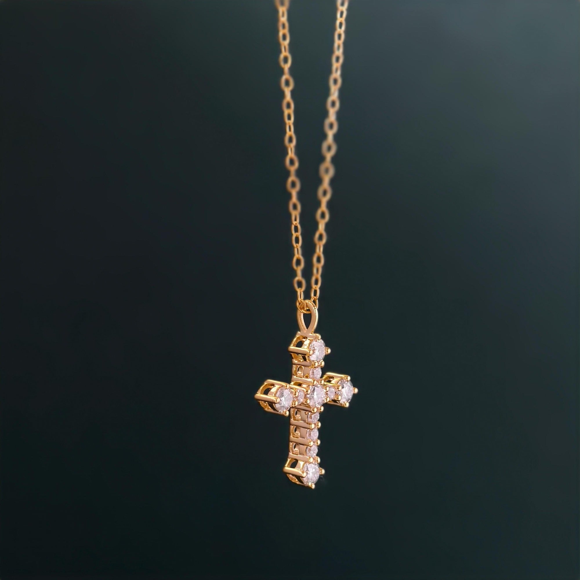 14k gold cross lab grown diamond pendant necklace, three-quarter view showing fine craftsmanship