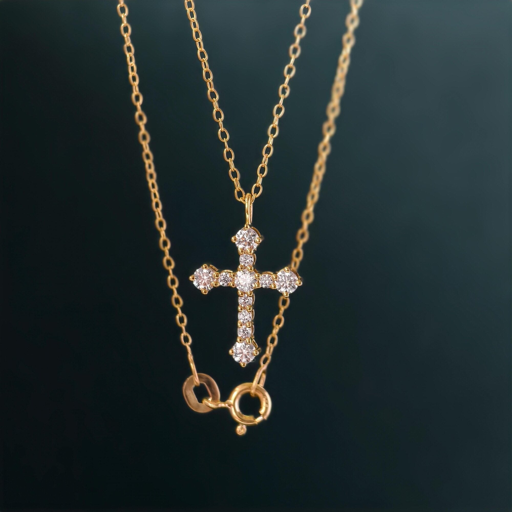 14k gold cross lab grown diamond pendant necklace, lifestyle shot showing fine craftsmanship