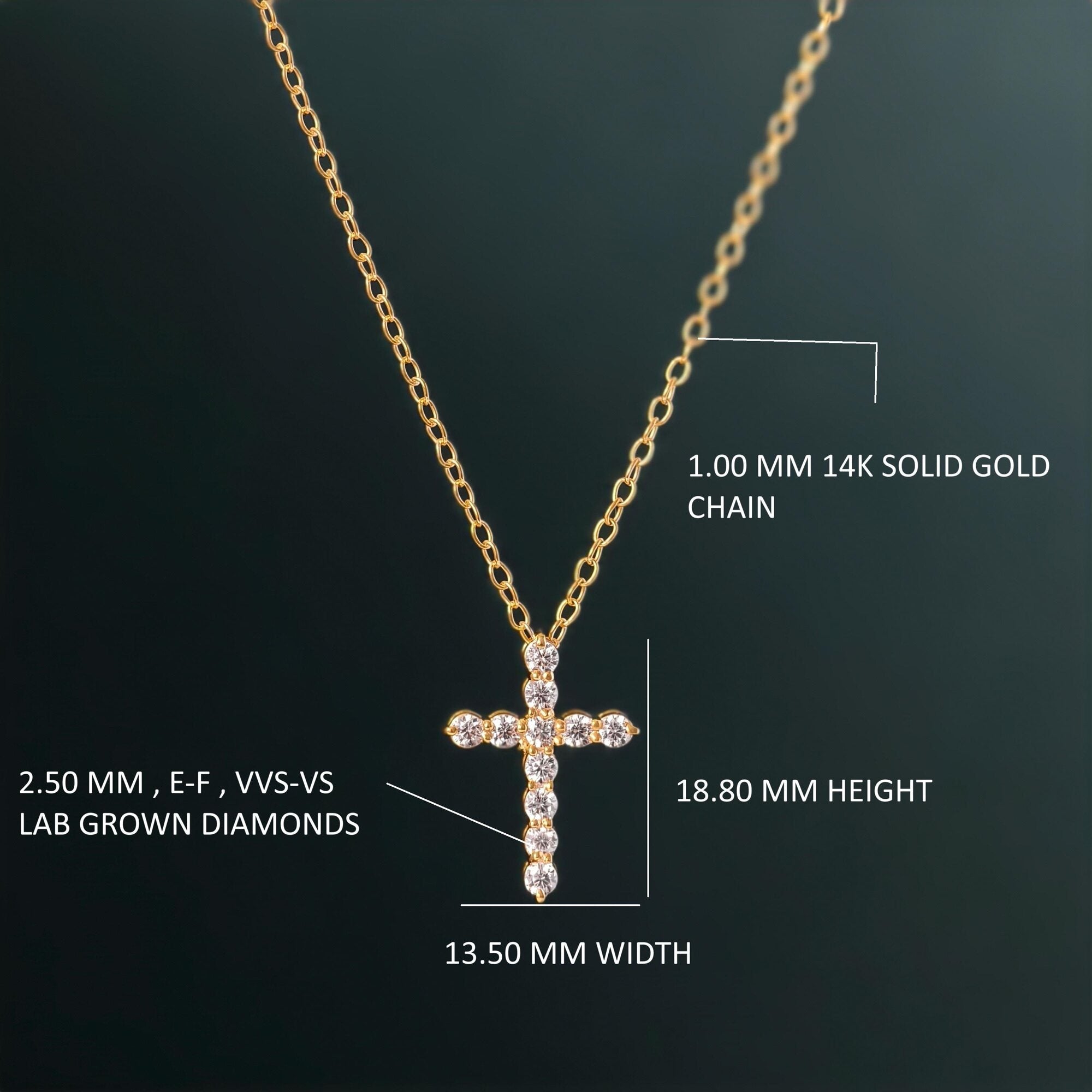 14k gold cross lab grown diamond pendant necklace, front view showing fine craftsmanship and a polished finish