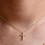 14k gold cross lab grown diamond pendant necklace, side profile view showing fine craftsmanship and a polished finish