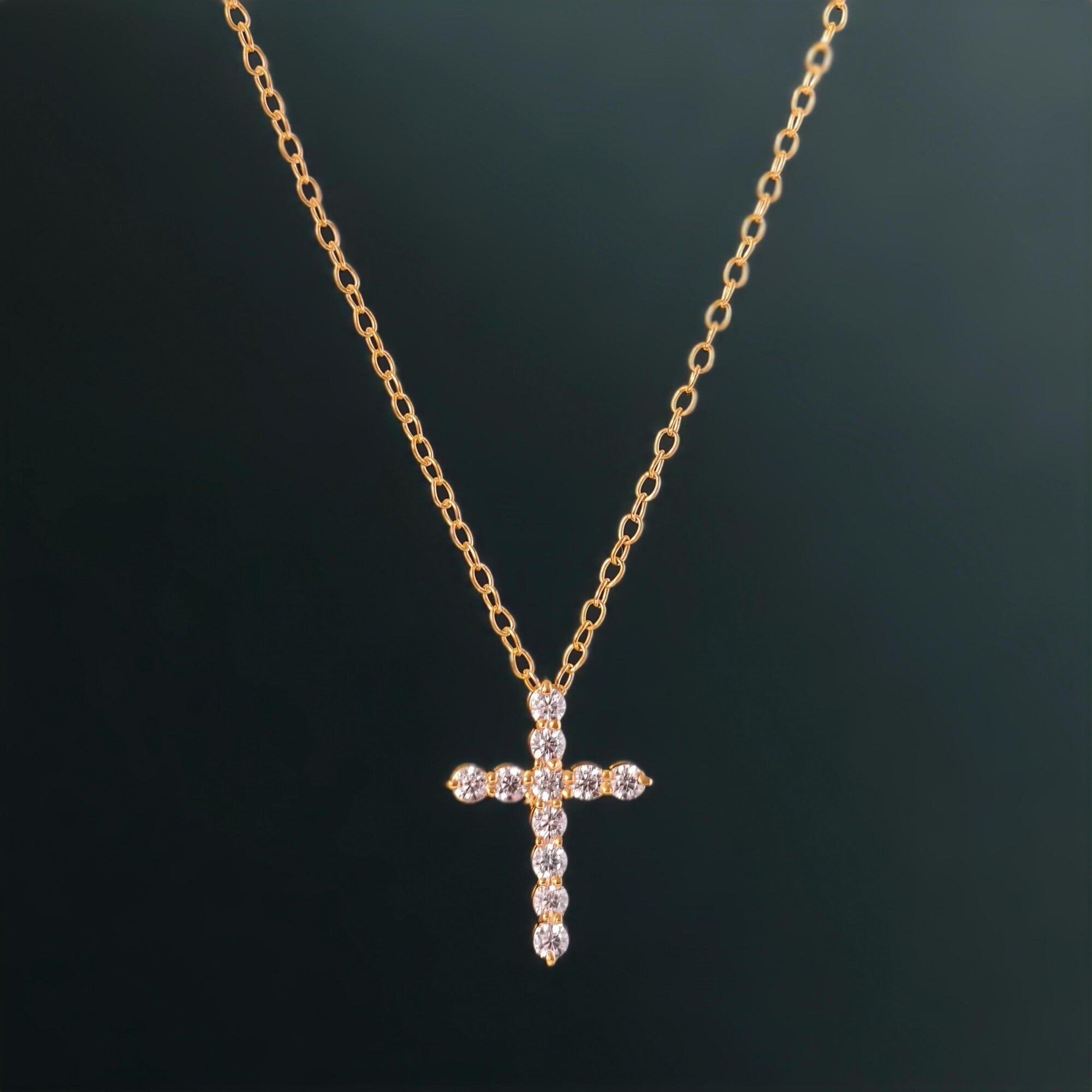 14k gold cross lab grown diamond pendant necklace, styled on model showing fine craftsmanship and a polished finish