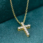 14k gold cross lab grown diamond pendant necklace, sparkle detail shot showing fine craftsmanship and a polished finish