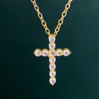 14k gold cross lab grown diamond pendant necklace, macro detail view showing fine craftsmanship