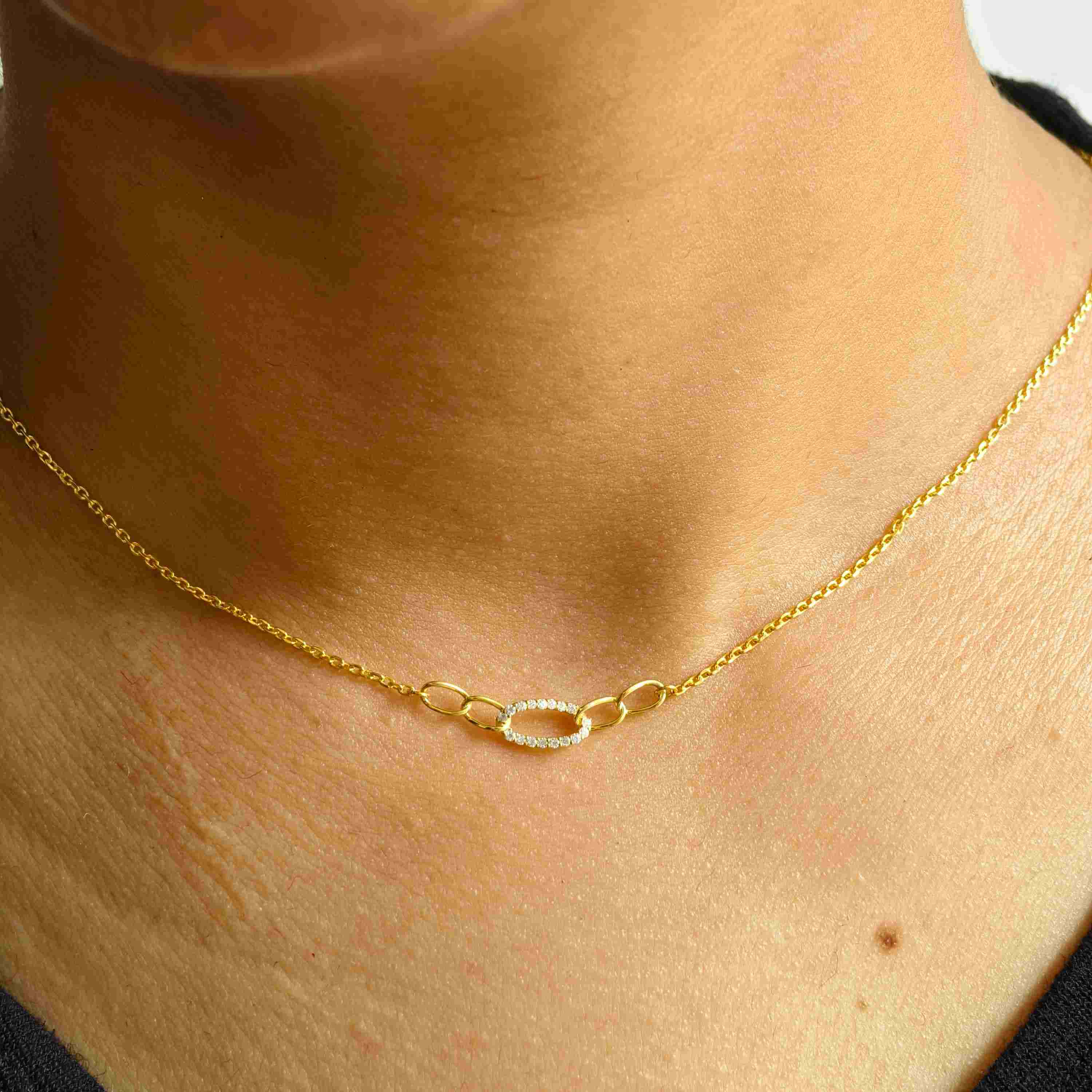 14k gold pave-set lab grown diamond necklace, detailed close-up showing fine craftsmanship