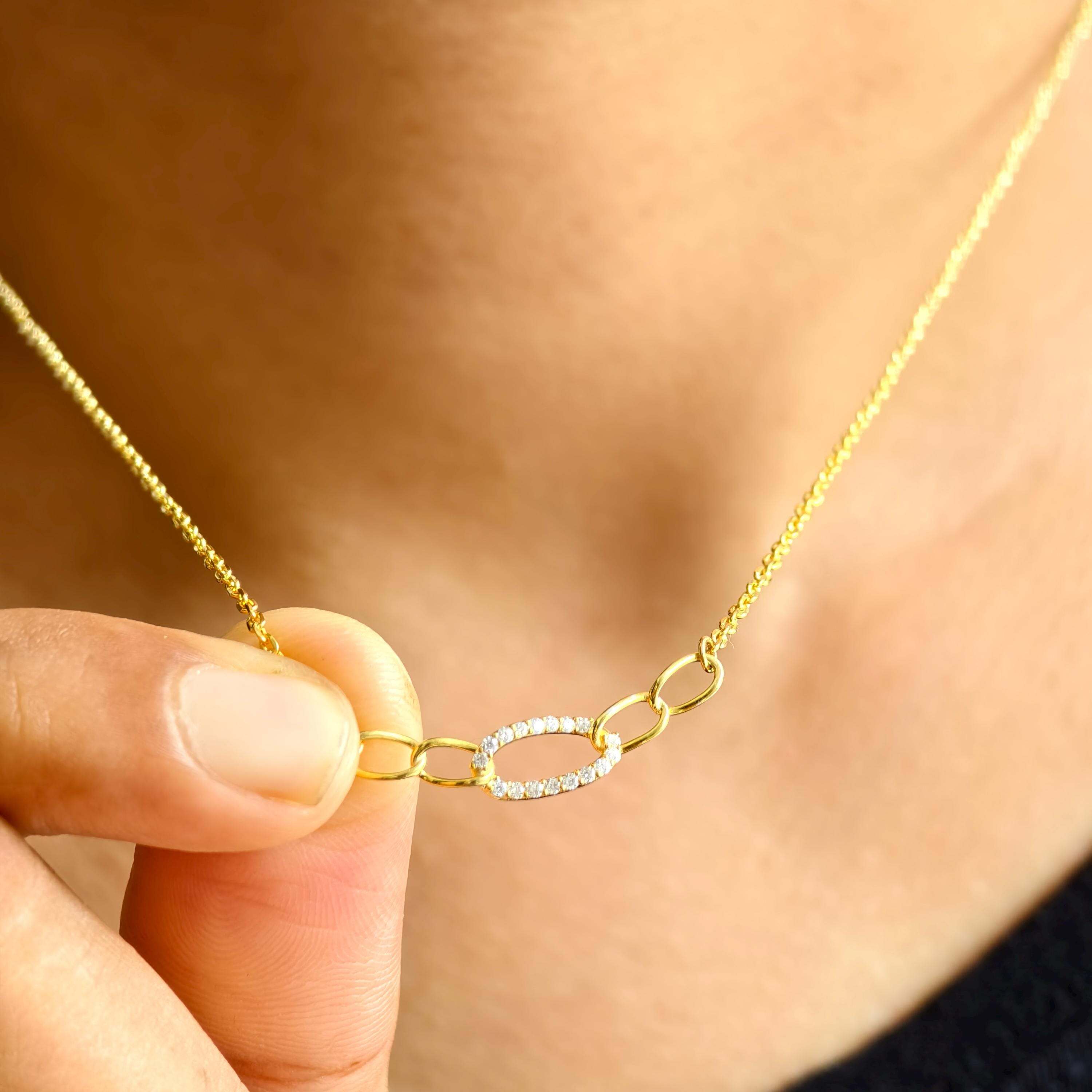 14k gold pave-set lab grown diamond necklace, top angle view showing fine craftsmanship