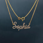 14k gold personalized name lab grown diamond necklace, detailed close-up showing fine craftsmanship