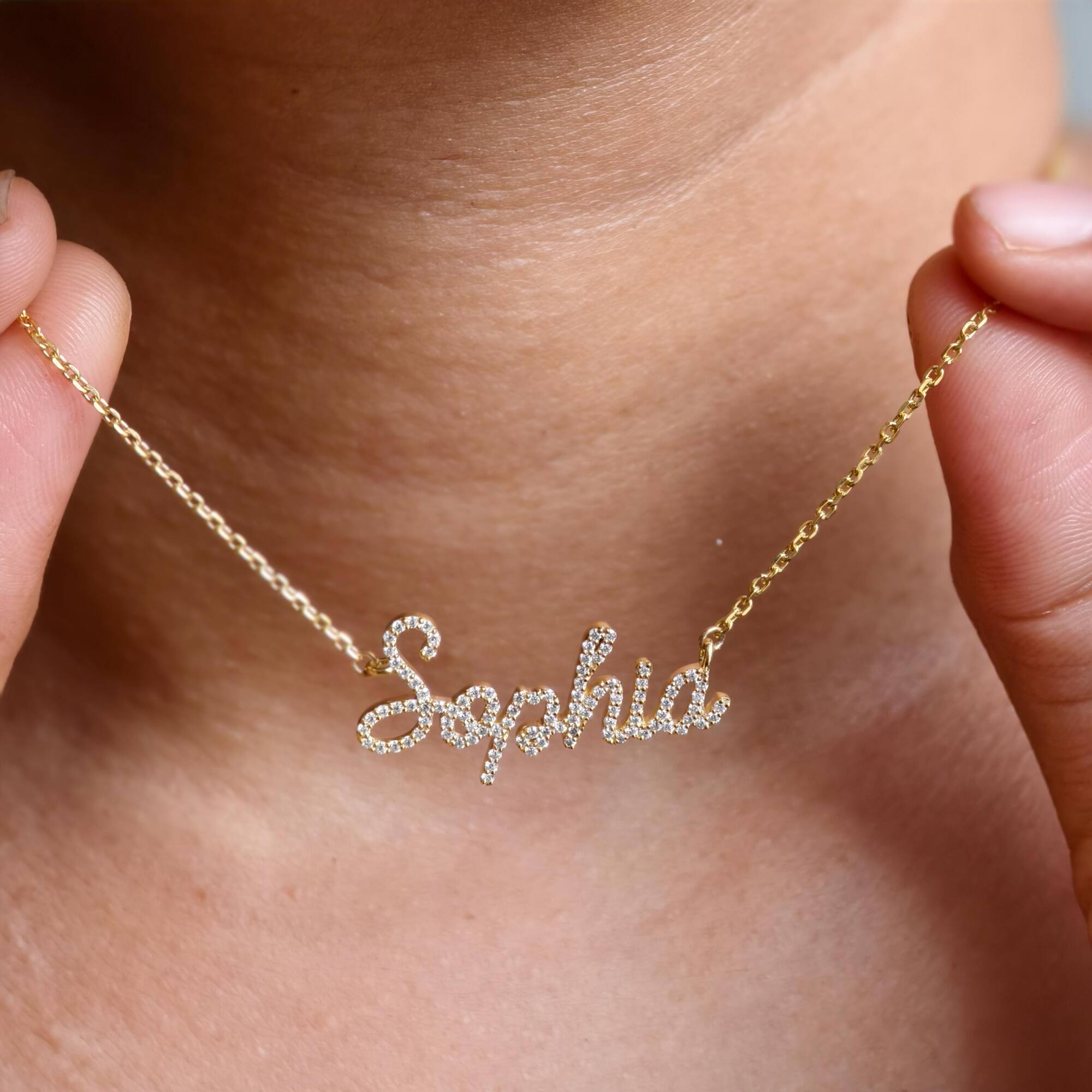 14k gold personalized name lab grown diamond necklace, side profile view showing fine craftsmanship
