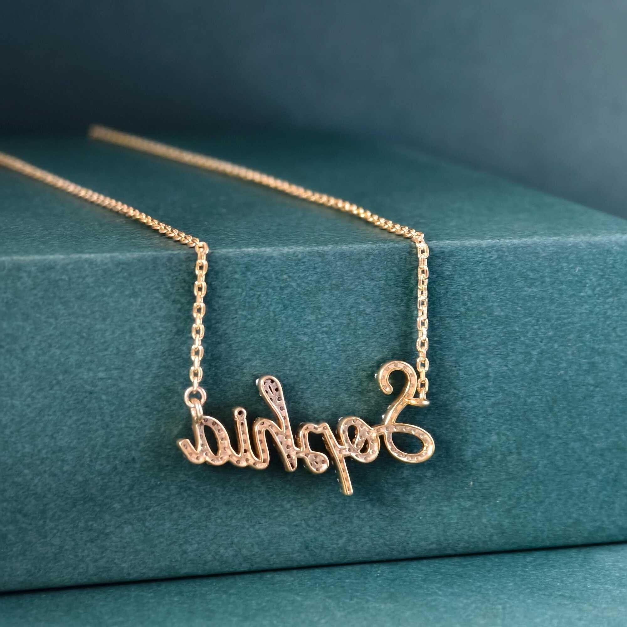 14k gold personalized name lab grown diamond necklace, styled on model showing fine craftsmanship