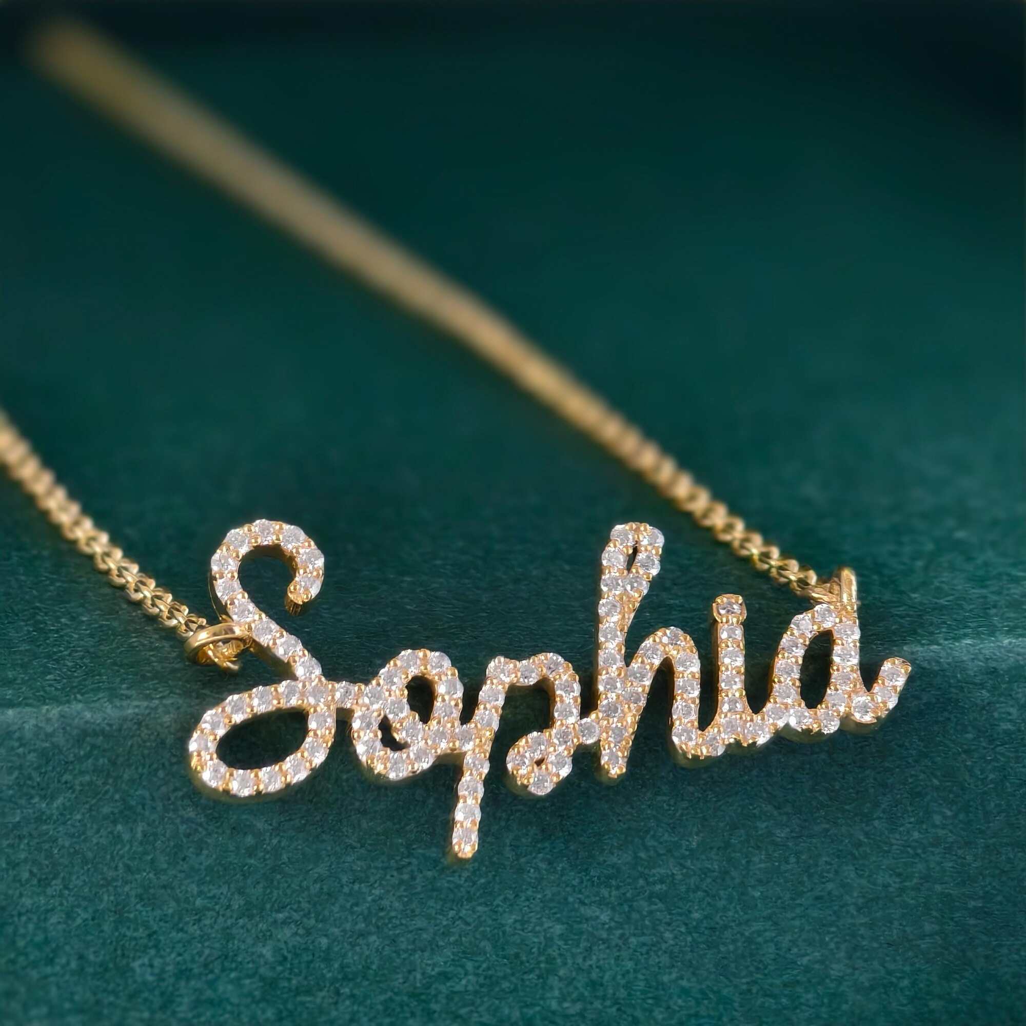 14k gold personalized name lab grown diamond necklace, top angle view showing fine craftsmanship