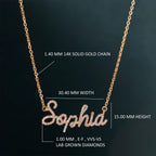 14k gold personalized name lab grown diamond necklace, front view showing fine craftsmanship