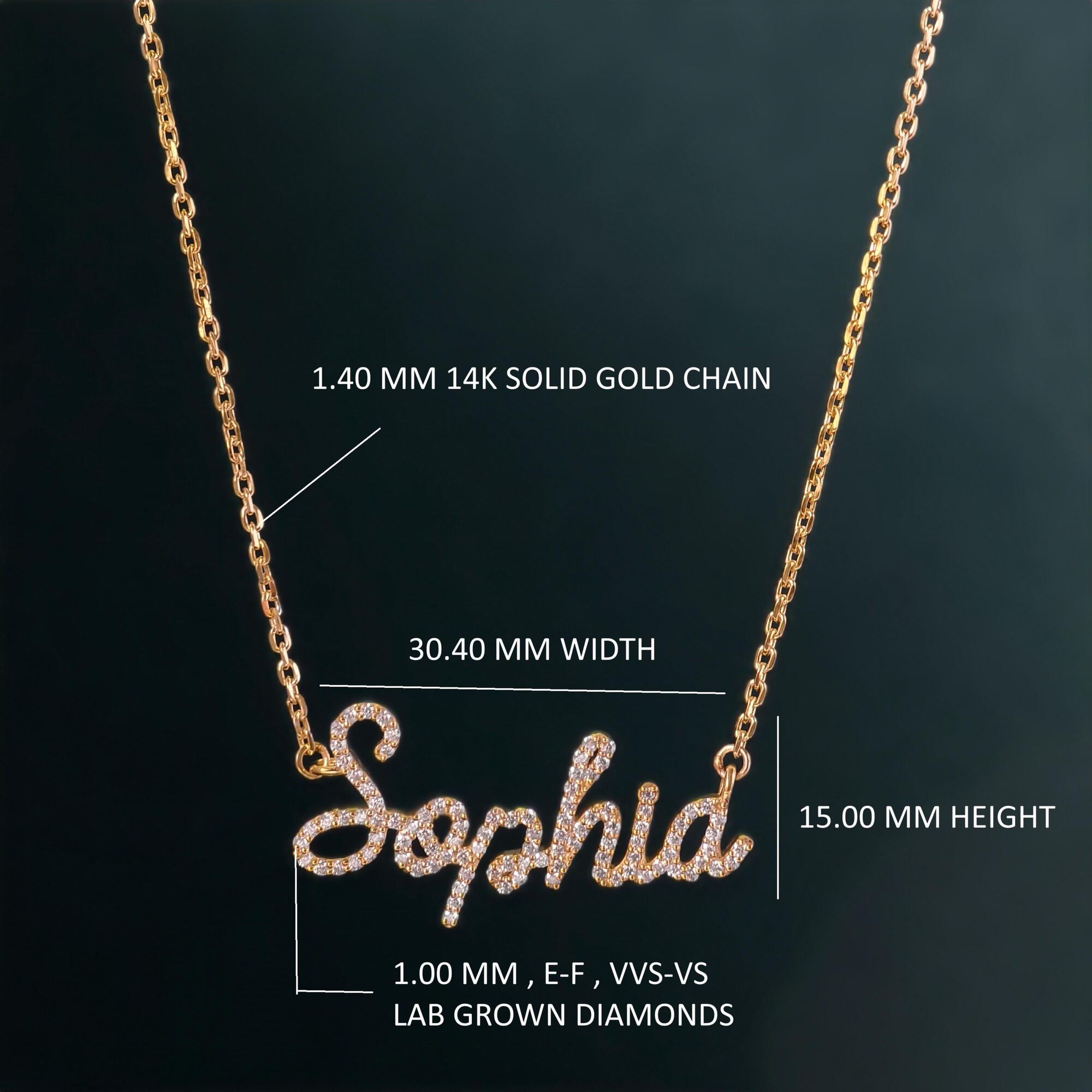 14k gold personalized name lab grown diamond necklace, front view showing fine craftsmanship