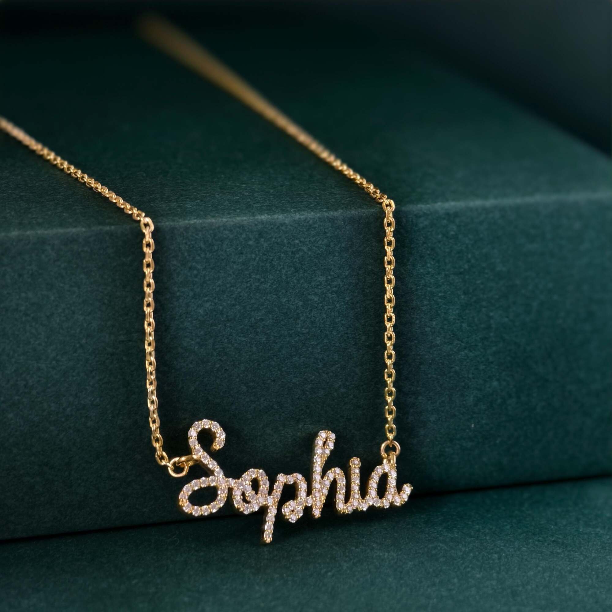 14k gold personalized name lab grown diamond necklace, sparkle detail shot showing fine craftsmanship