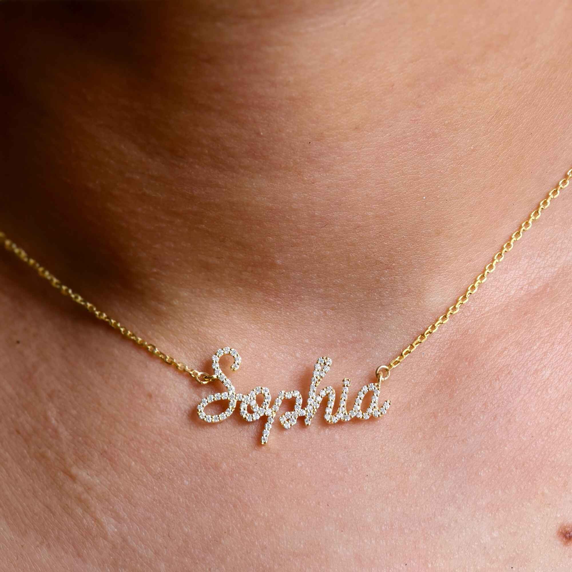 14k gold personalized name lab grown diamond necklace, three-quarter view showing fine craftsmanship