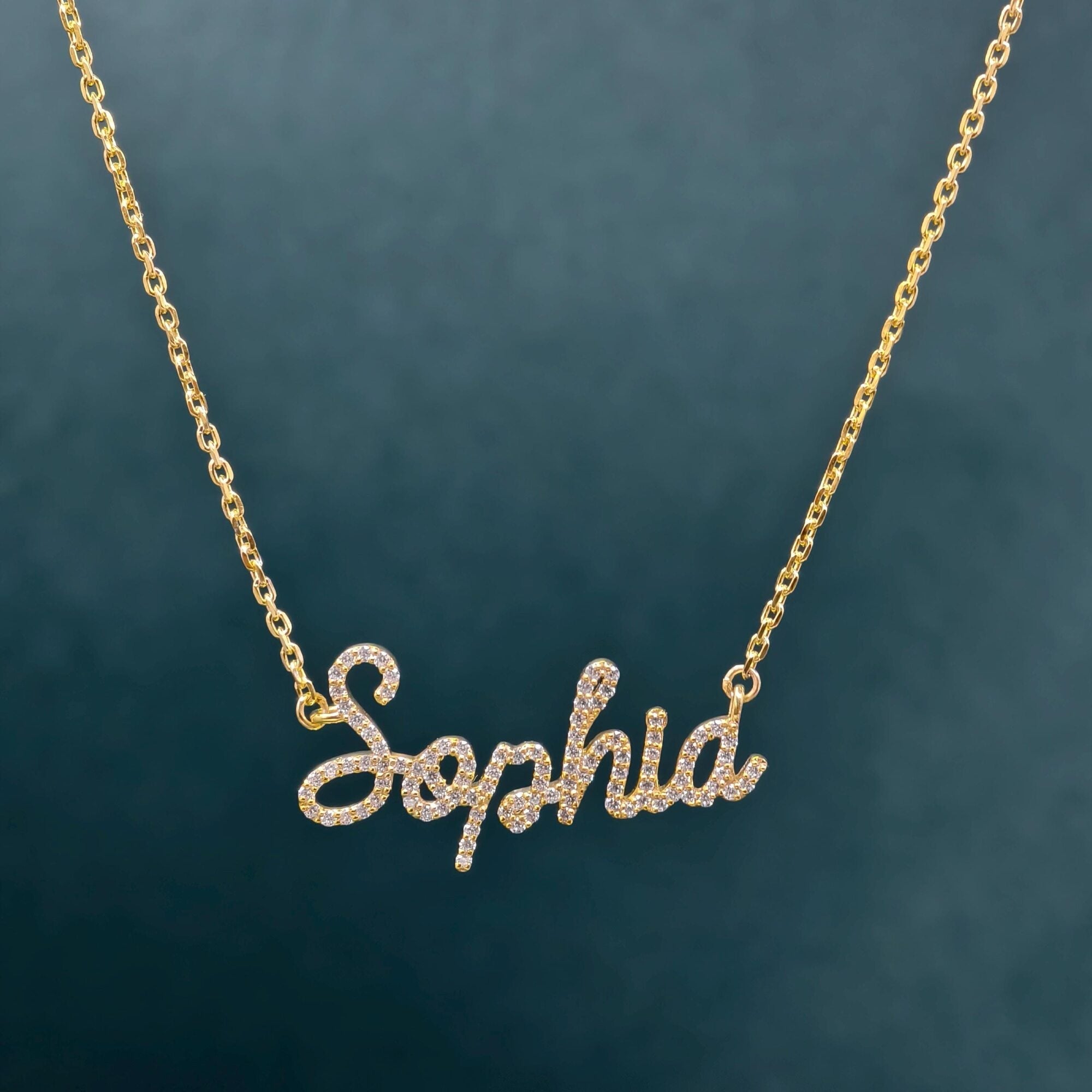 14k gold personalized name lab grown diamond necklace, lifestyle shot showing fine craftsmanship