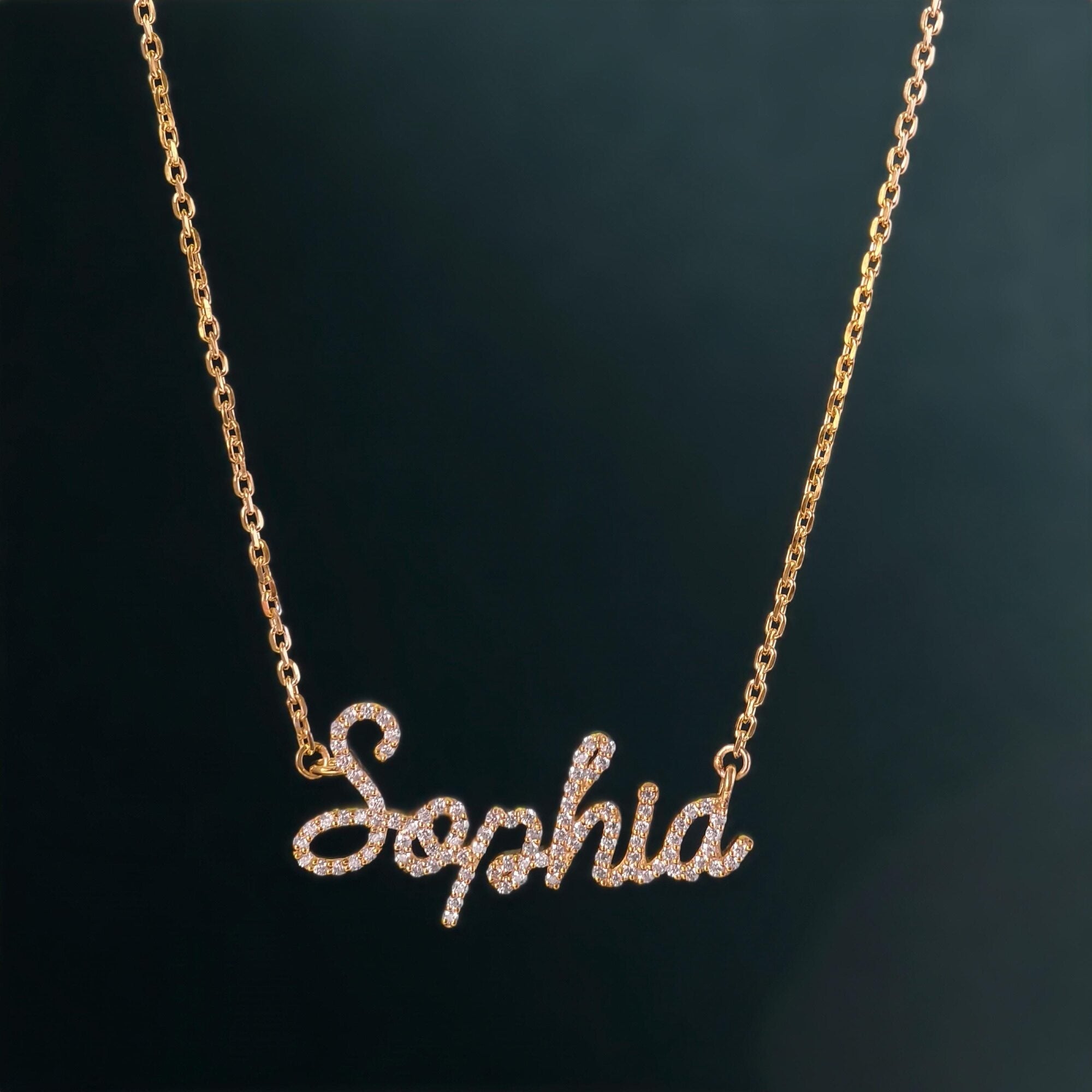 14k gold personalized name lab grown diamond necklace, macro detail view showing fine craftsmanship