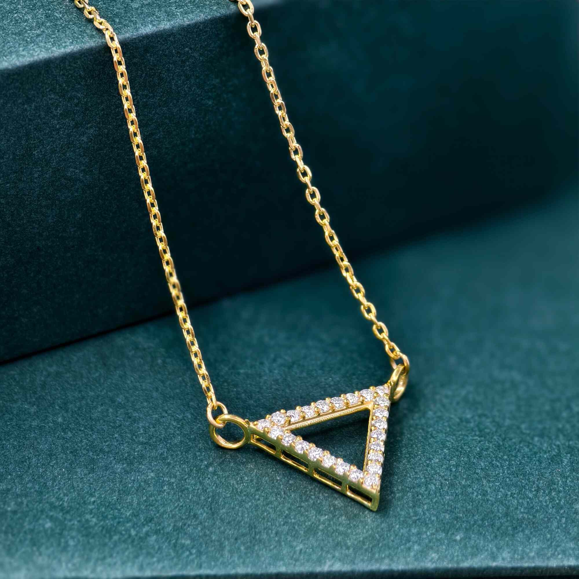 14k gold triangle lab grown diamond pendant necklace, sparkle detail shot showing fine craftsmanship