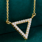 14k gold triangle lab grown diamond pendant necklace, lifestyle shot showing fine craftsmanship