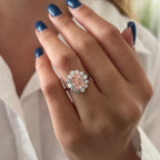 14k gold cushion floral lab grown diamond engagement ring, front view showing fine craftsmanship