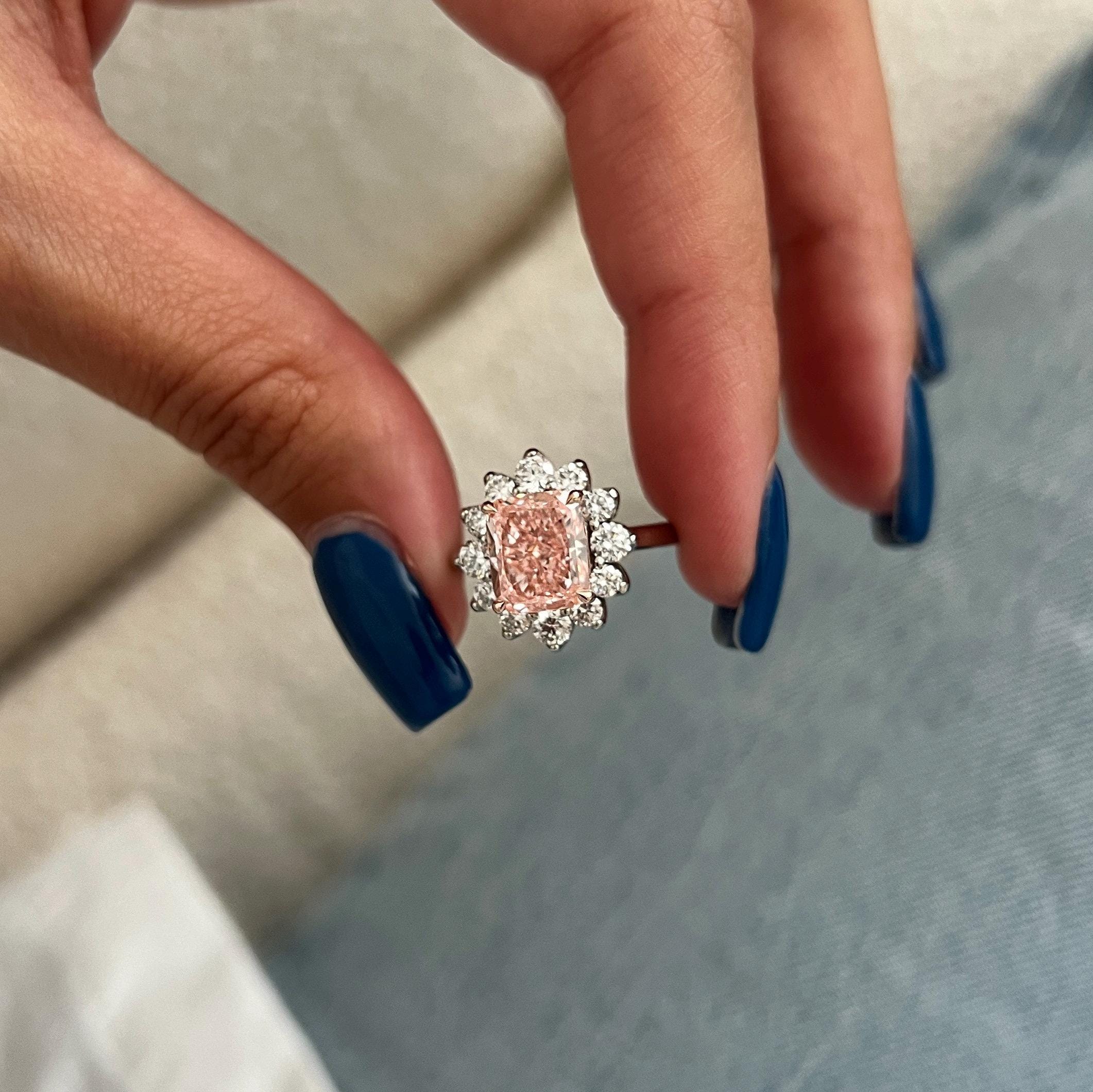 14k gold cushion floral lab grown diamond engagement ring, side profile view showing fine craftsmanship