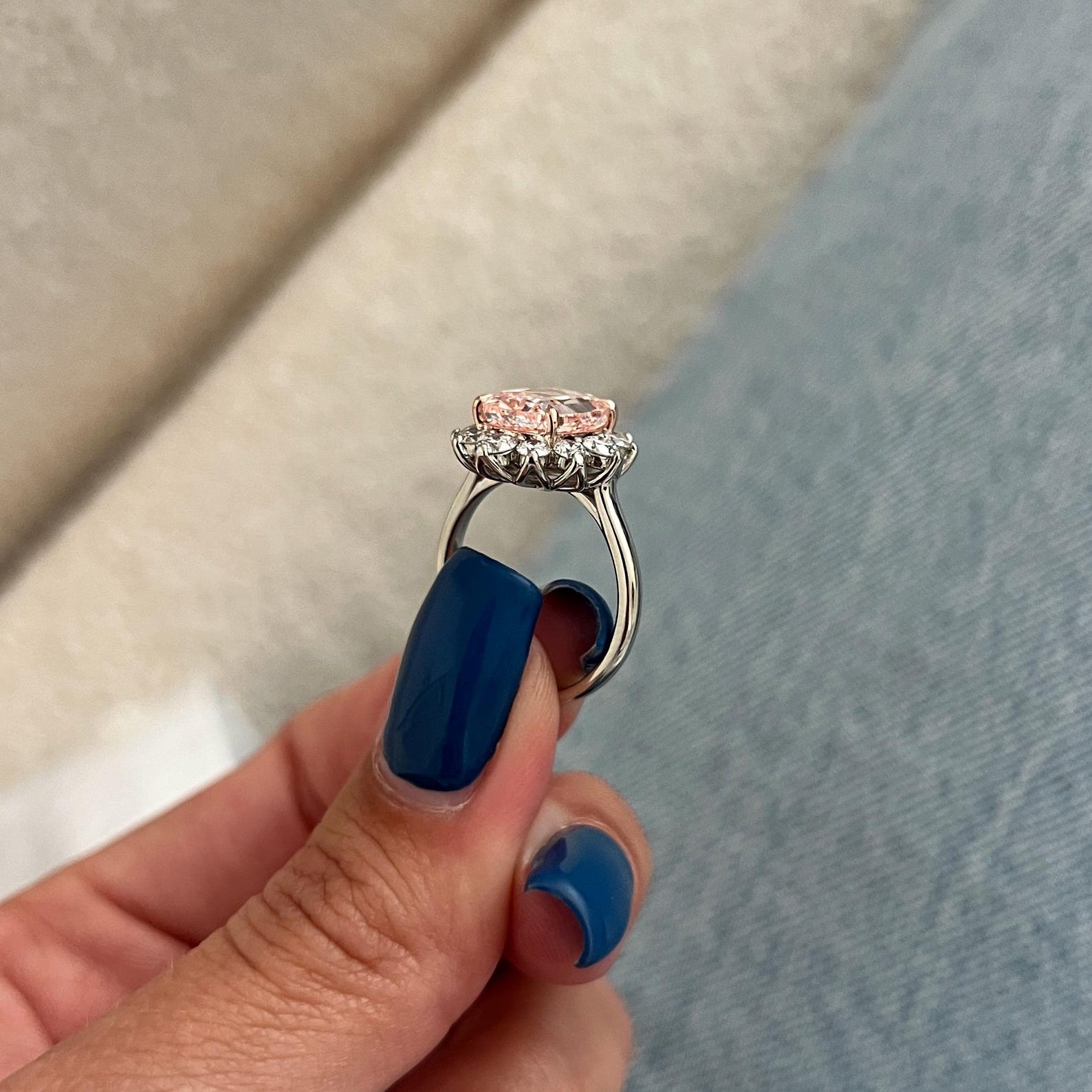14k gold cushion floral lab grown diamond engagement ring, styled on model showing fine craftsmanship