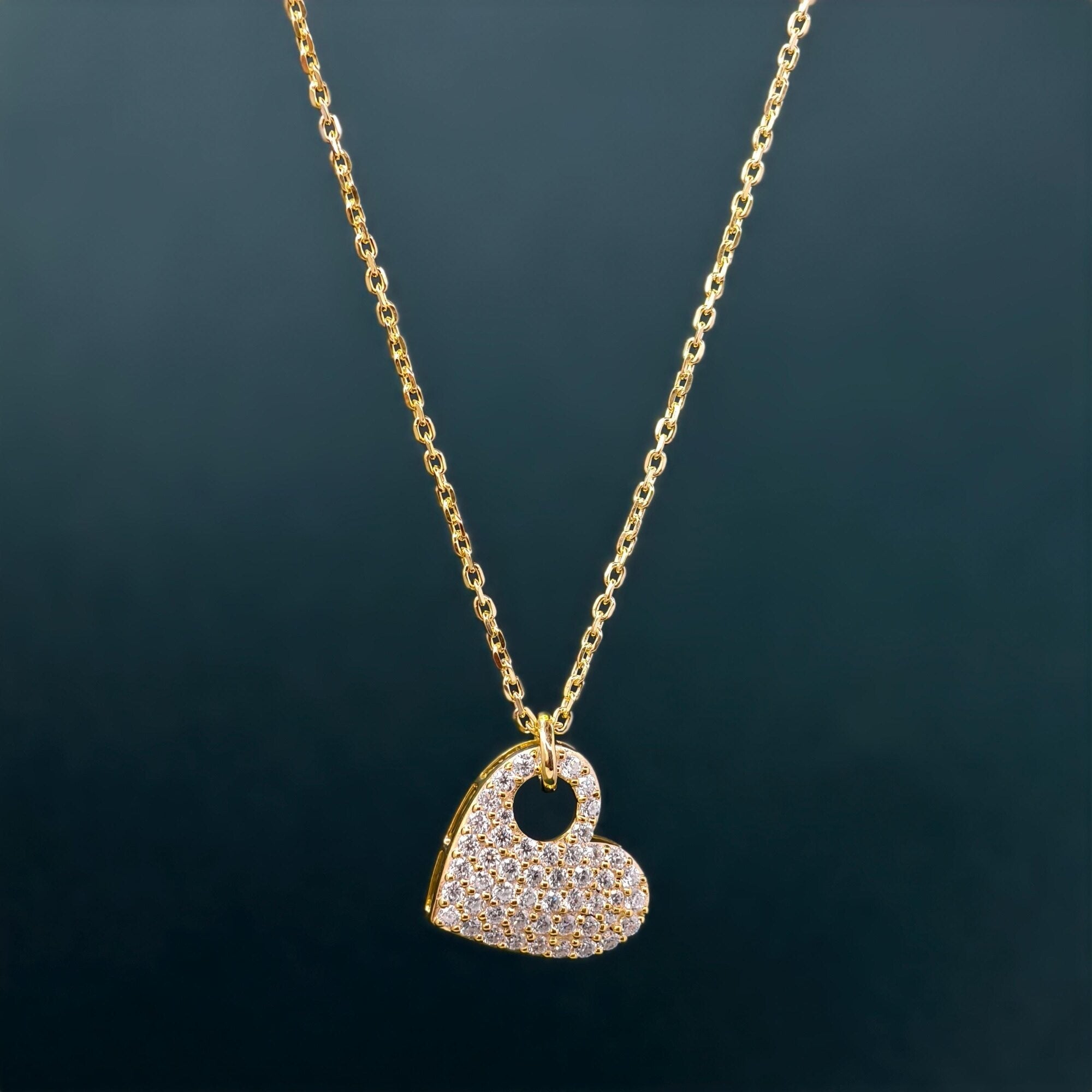 14k gold heart minimalist lab grown diamond pendant necklace, lifestyle shot showing fine craftsmanship