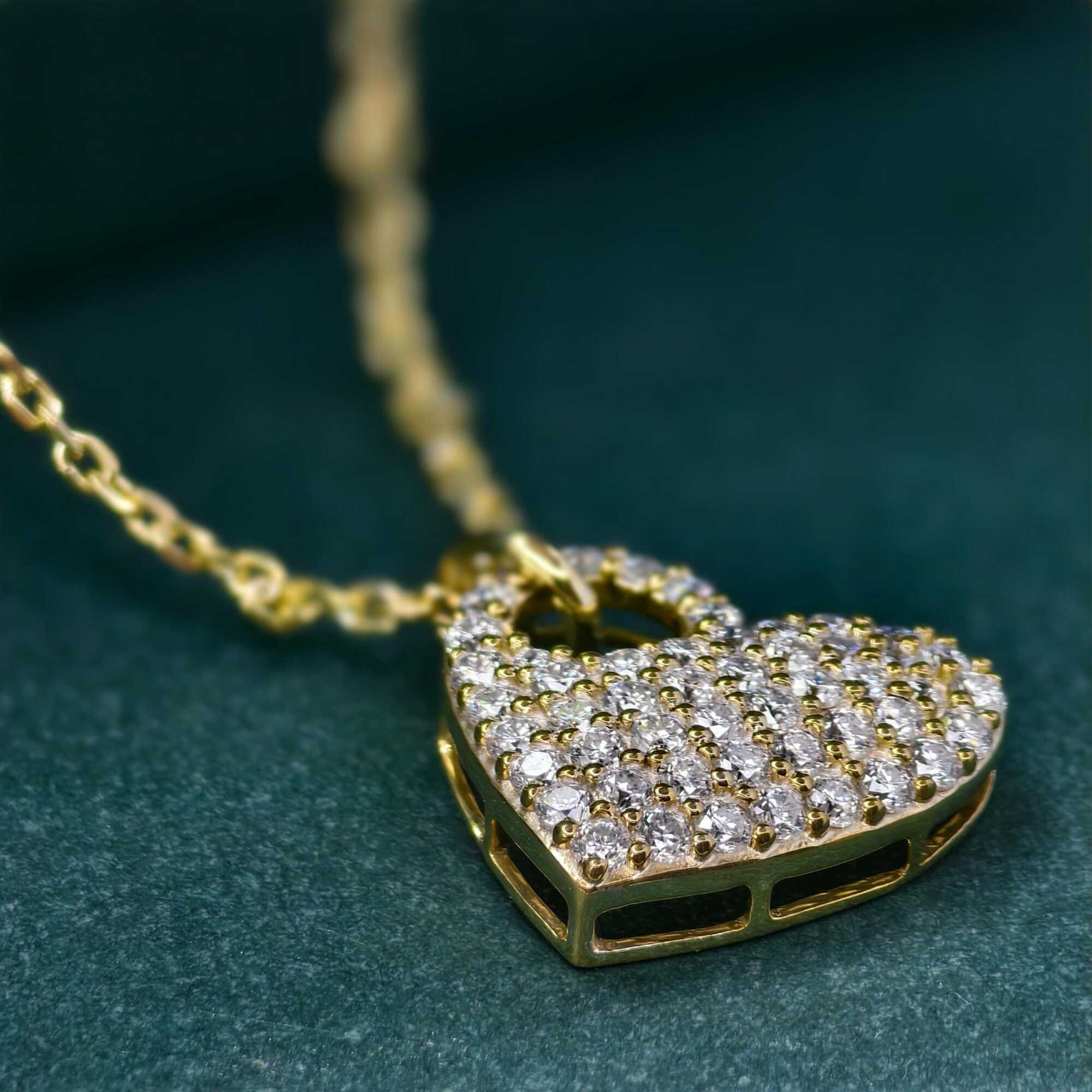 14k gold heart minimalist lab grown diamond pendant necklace, detailed close-up showing fine craftsmanship