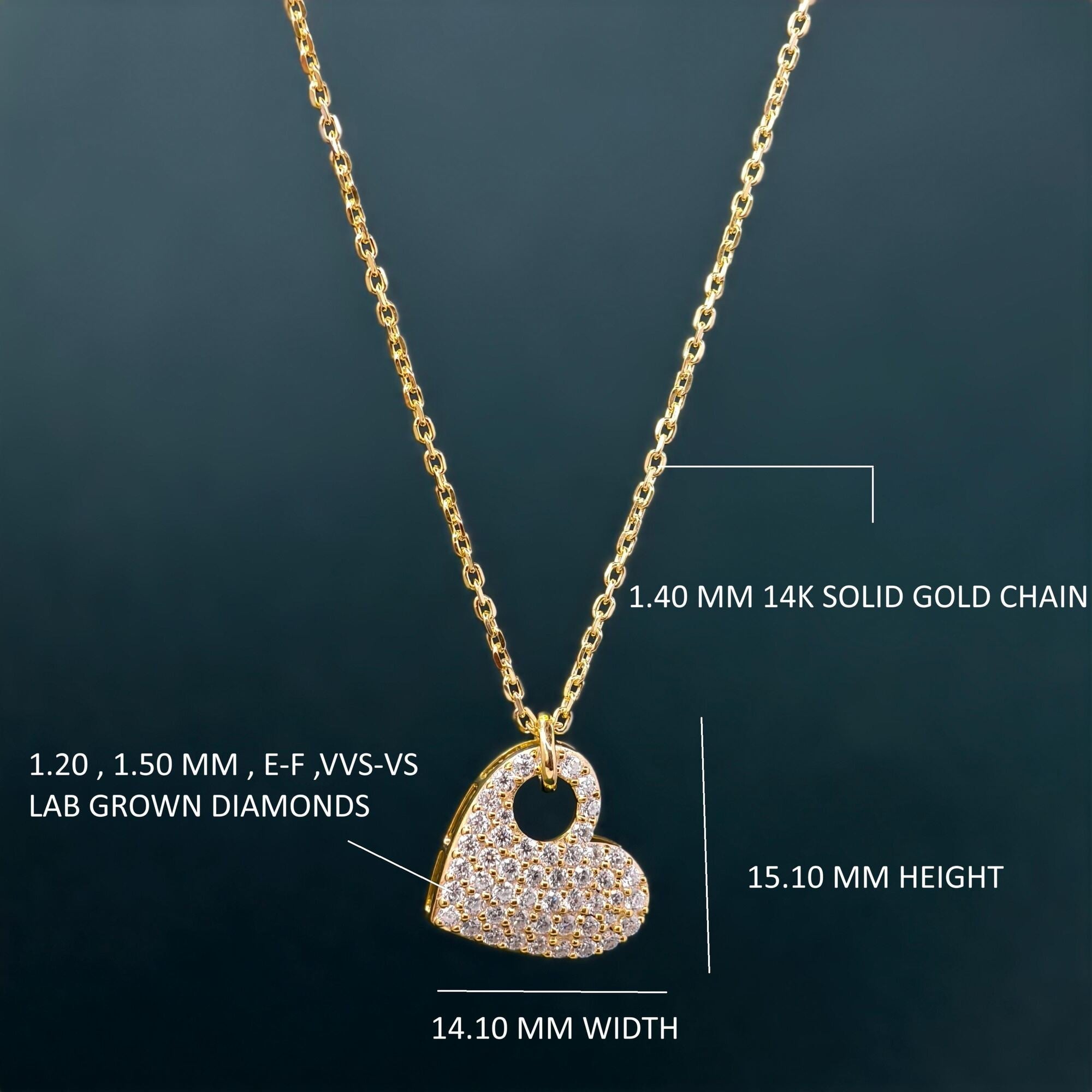 14k gold heart minimalist lab grown diamond pendant necklace, front view showing fine craftsmanship