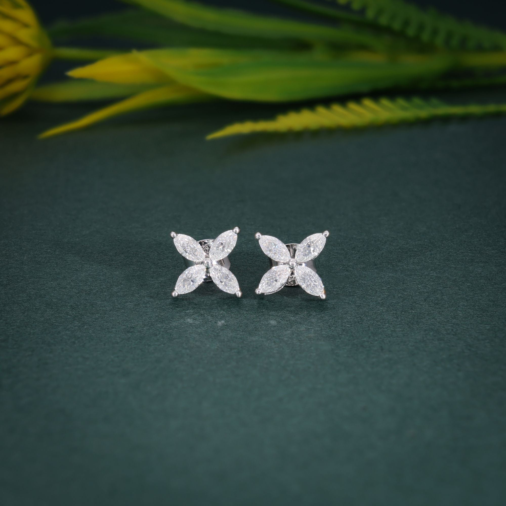 14k gold marquise lab grown diamond stud earrings, front view showing fine craftsmanship