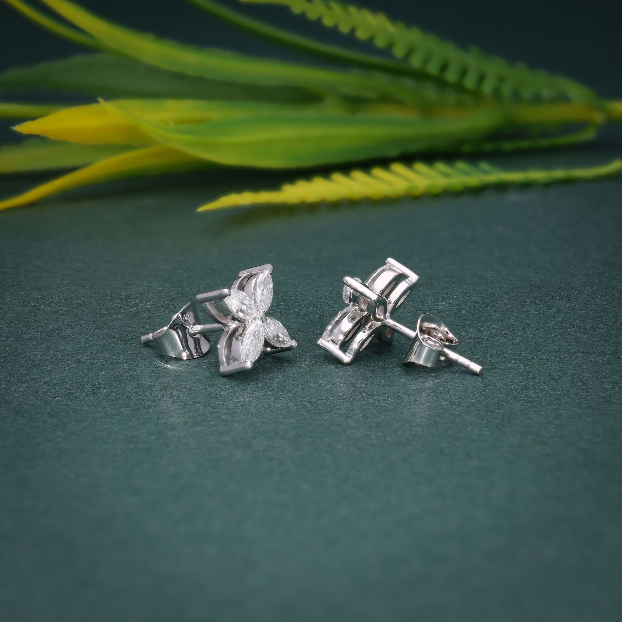 14k gold marquise lab grown diamond stud earrings, side profile view showing fine craftsmanship