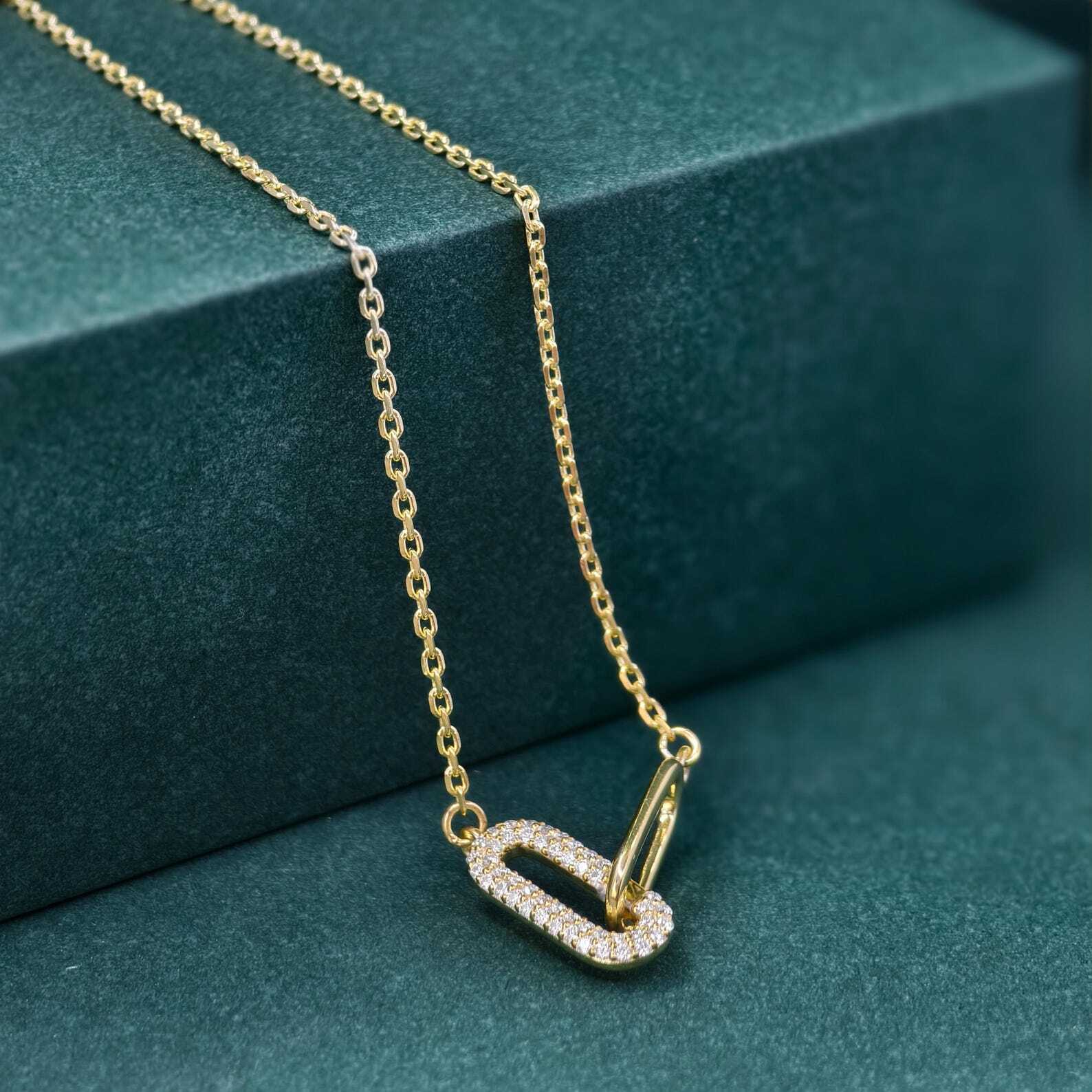 14k gold paperclip lab grown diamond charm necklace, side profile view showing fine craftsmanship