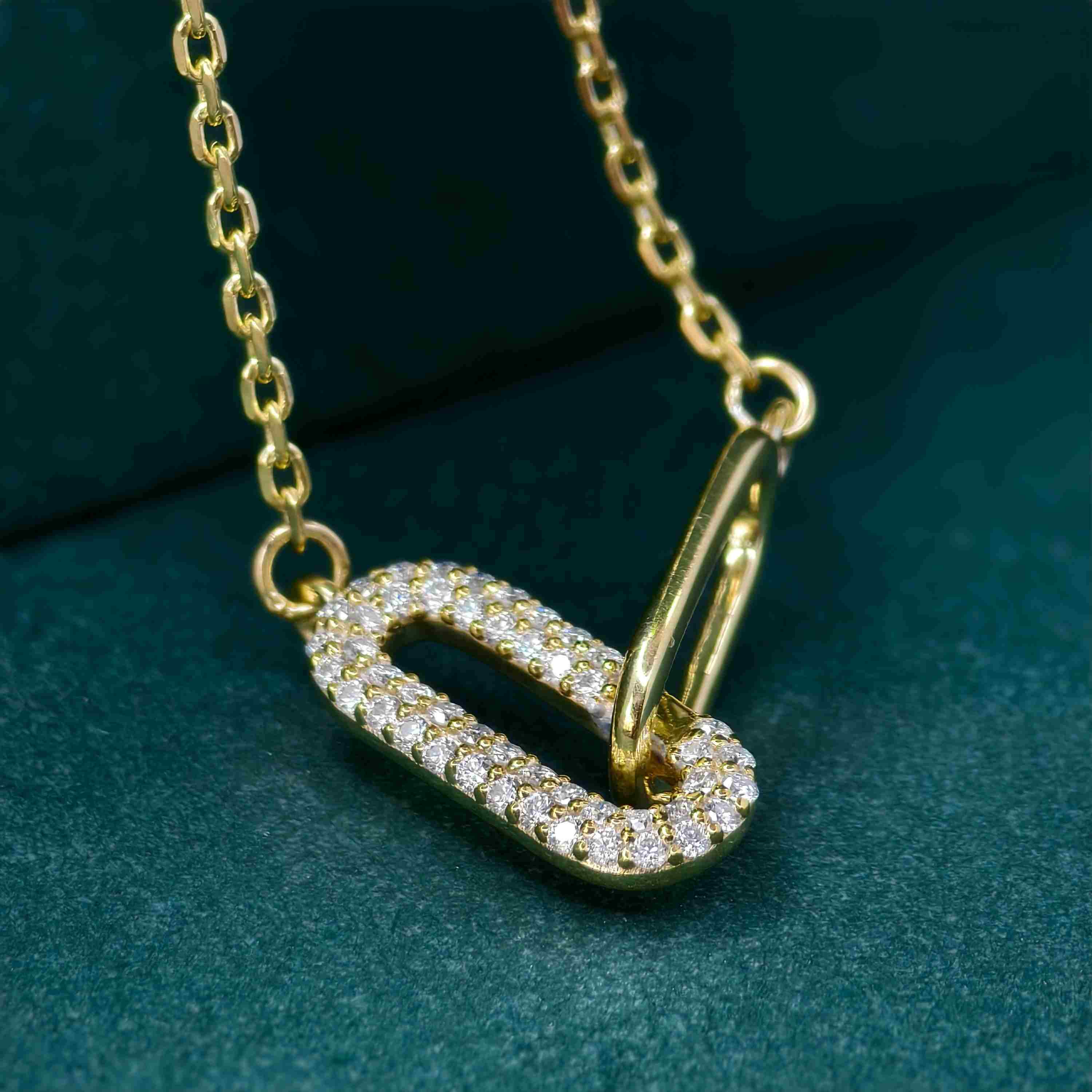 14k gold paperclip lab grown diamond charm necklace, sparkle detail shot showing fine craftsmanship