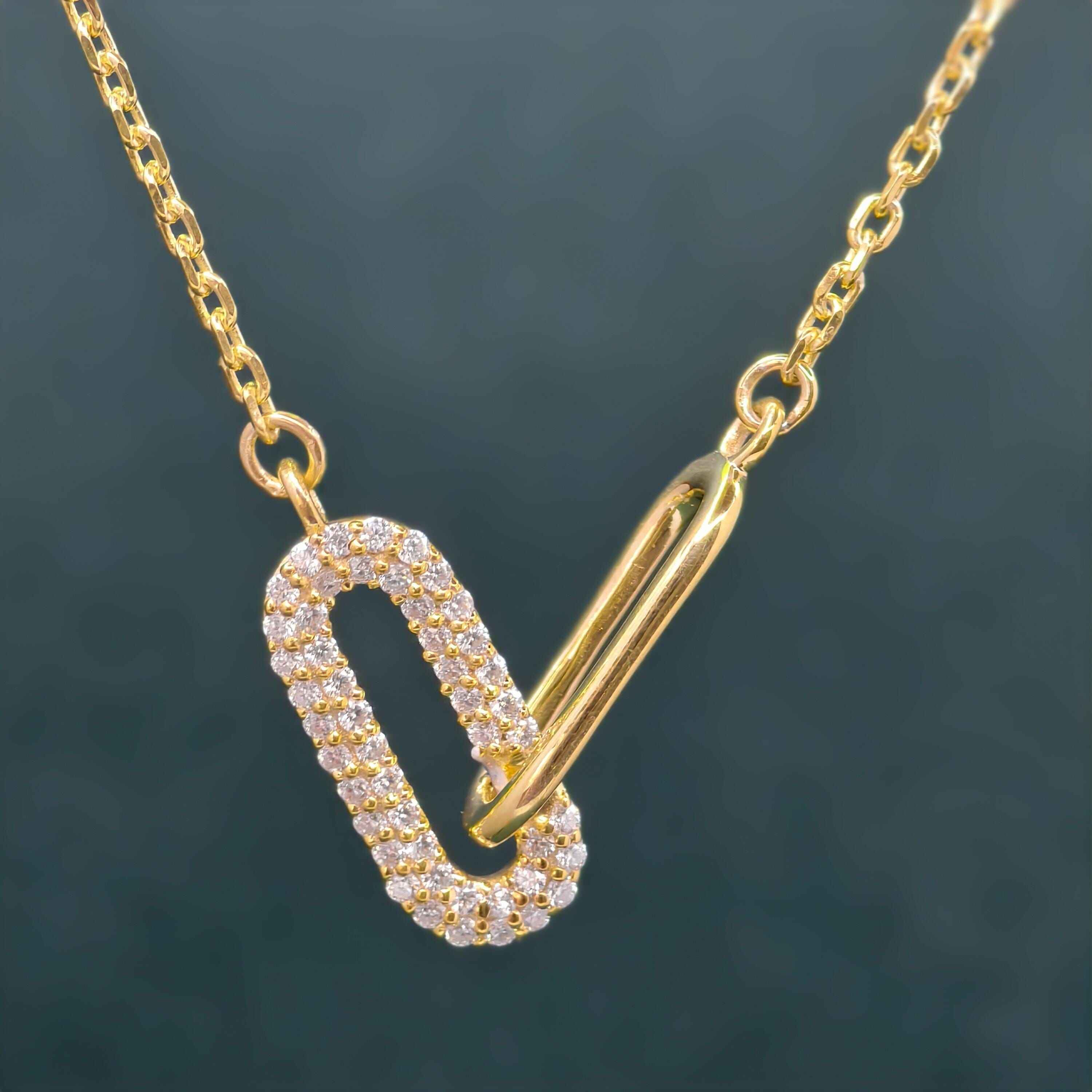 14k gold paperclip lab grown diamond charm necklace, lifestyle shot showing fine craftsmanship
