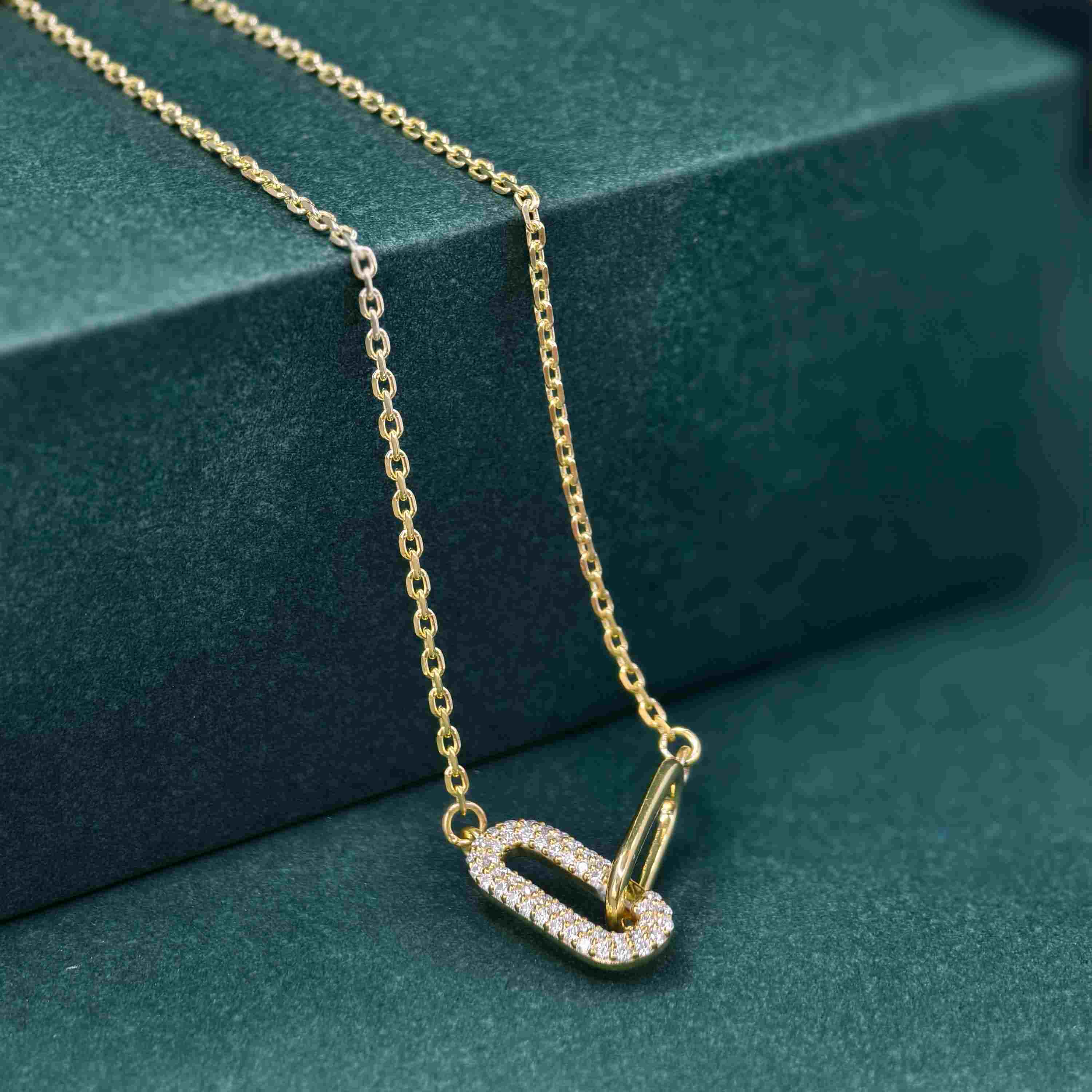 14k gold paperclip lab grown diamond charm necklace, macro detail view showing fine craftsmanship