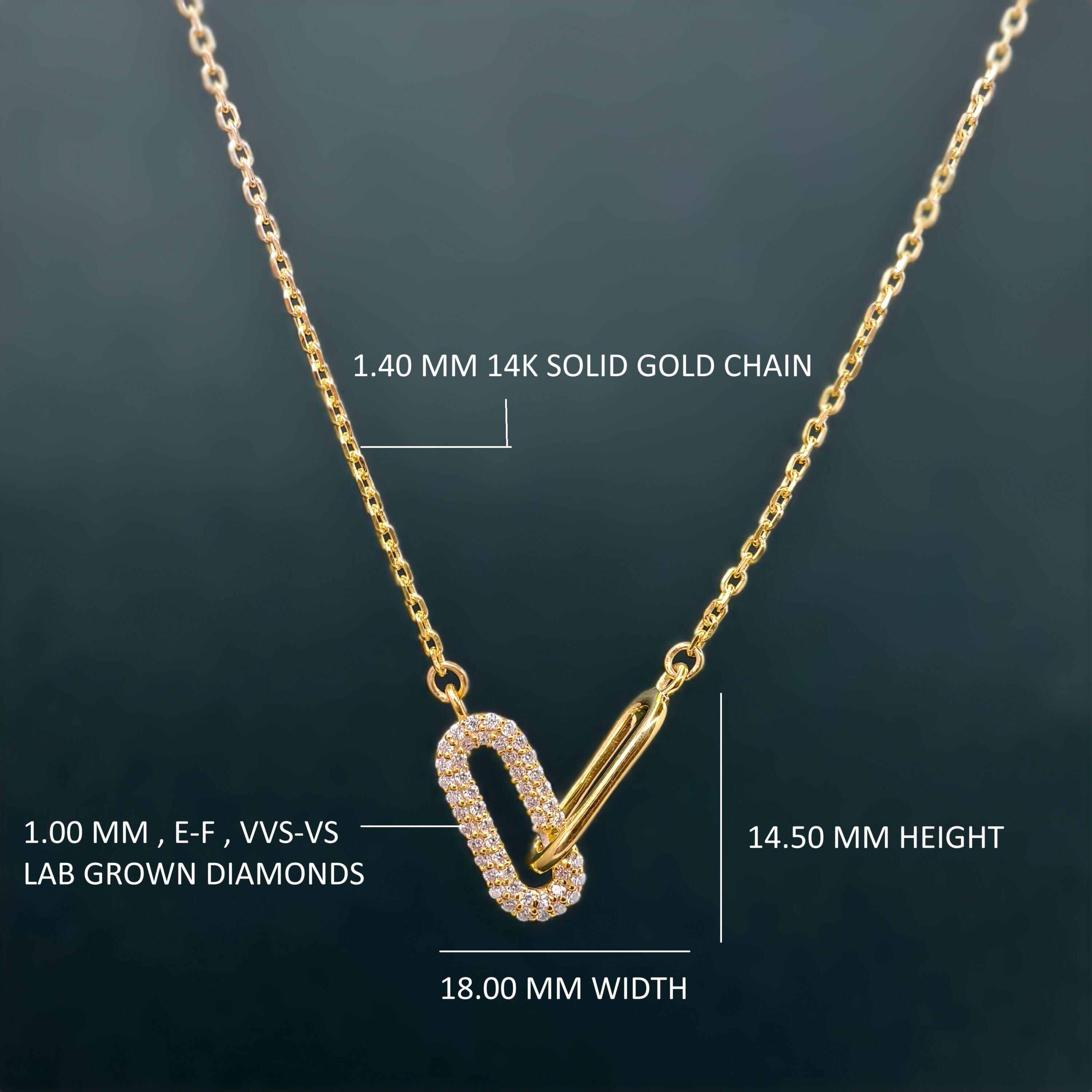 14k gold paperclip lab grown diamond charm necklace, front view showing fine craftsmanship