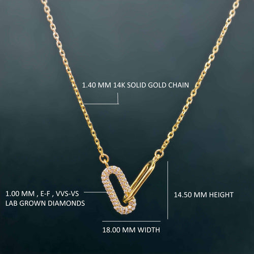 14k gold paperclip lab grown diamond charm necklace, front view showing fine craftsmanship