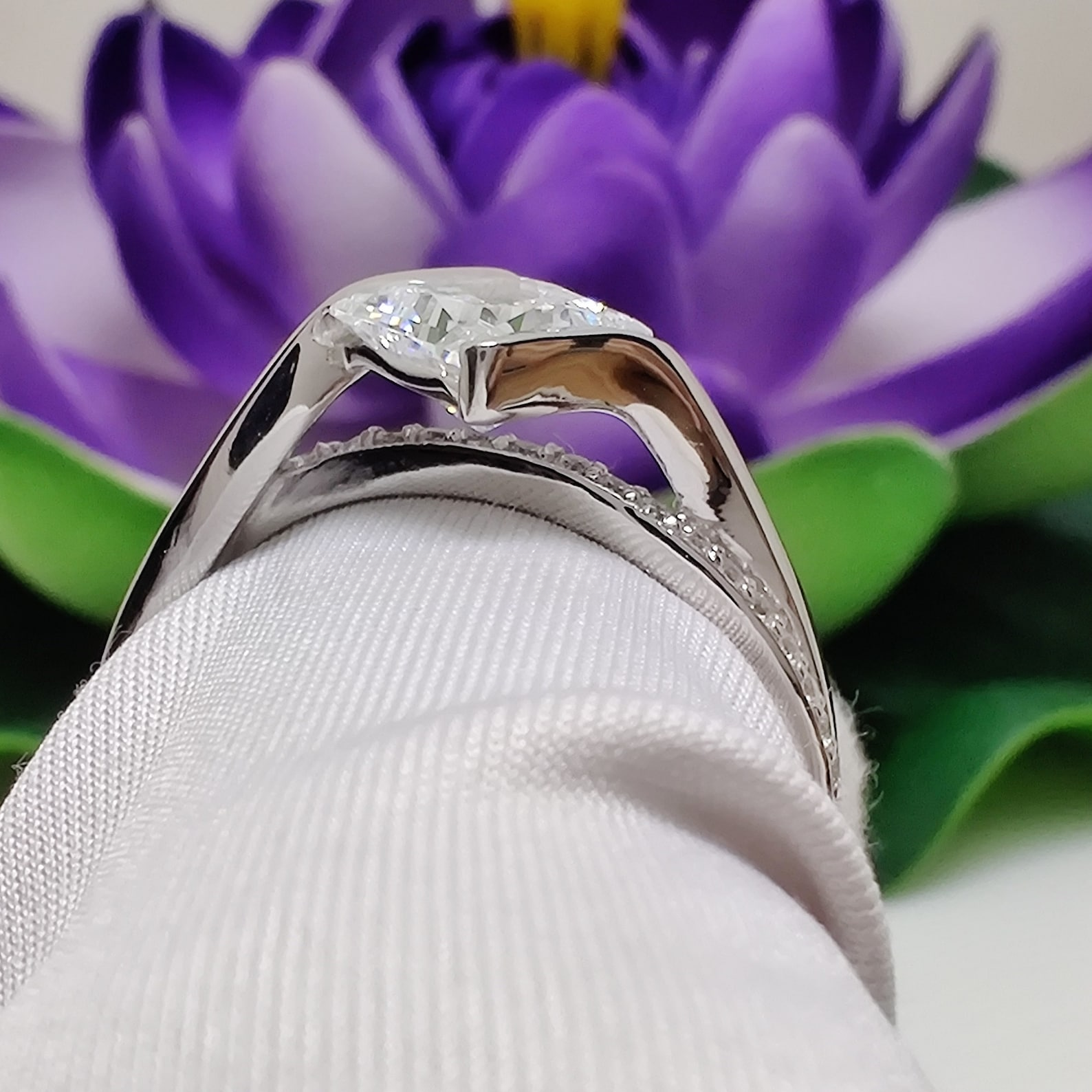 14k gold princess bypass lab grown diamond engagement ring, top angle view showing fine craftsmanship