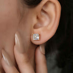 14k gold princess screw back lab grown diamond stud earrings, macro detail view showing fine craftsmanship