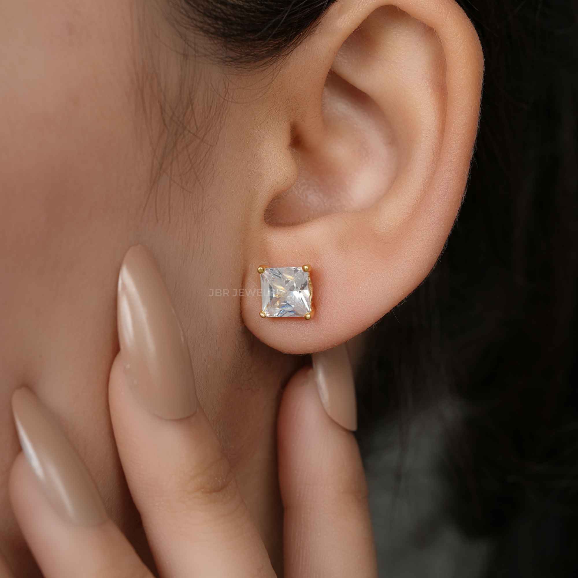 14k gold princess screw back lab grown diamond stud earrings, macro detail view showing fine craftsmanship