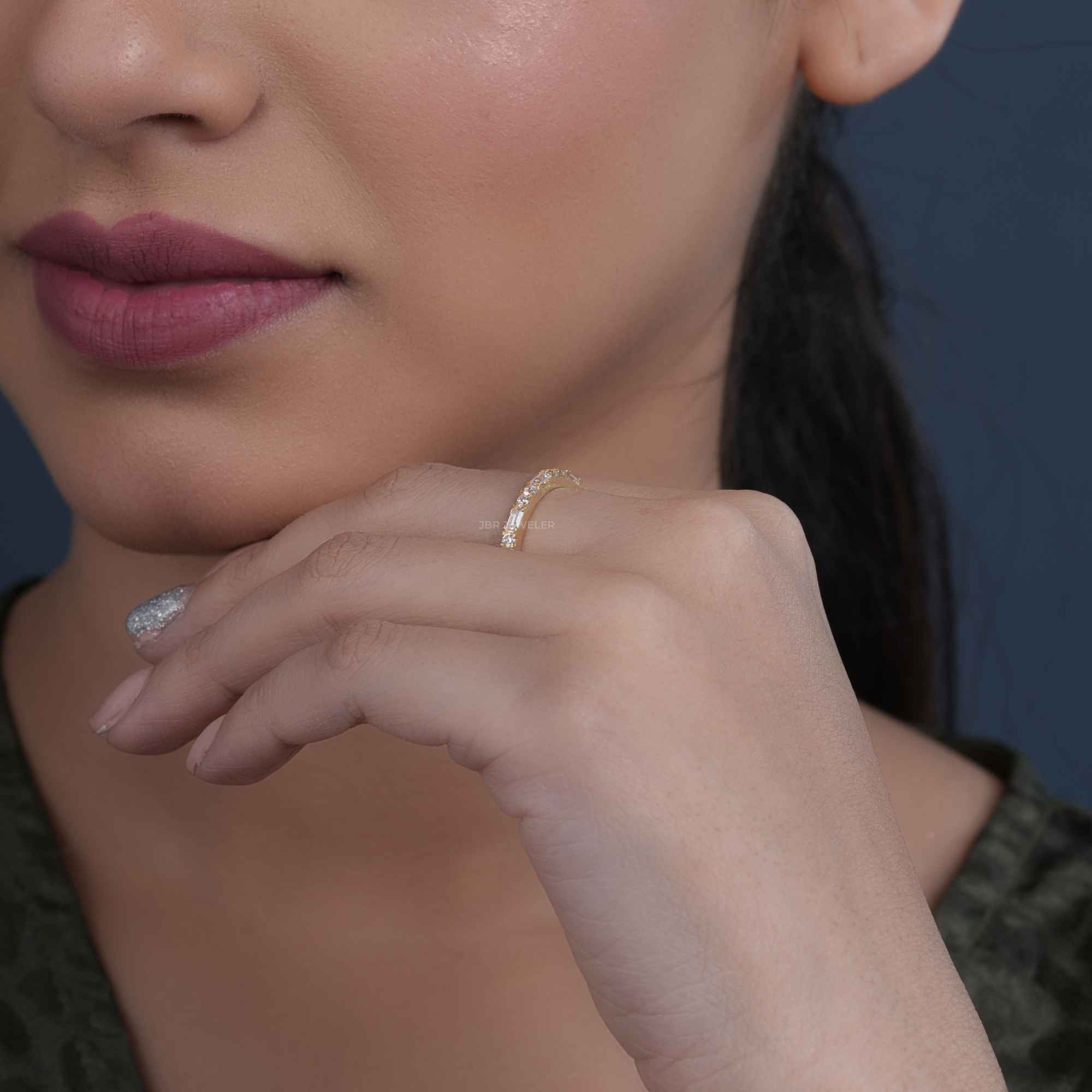 14k gold round dainty lab grown diamond wedding band, side profile view showing fine craftsmanship with brilliant sparkle