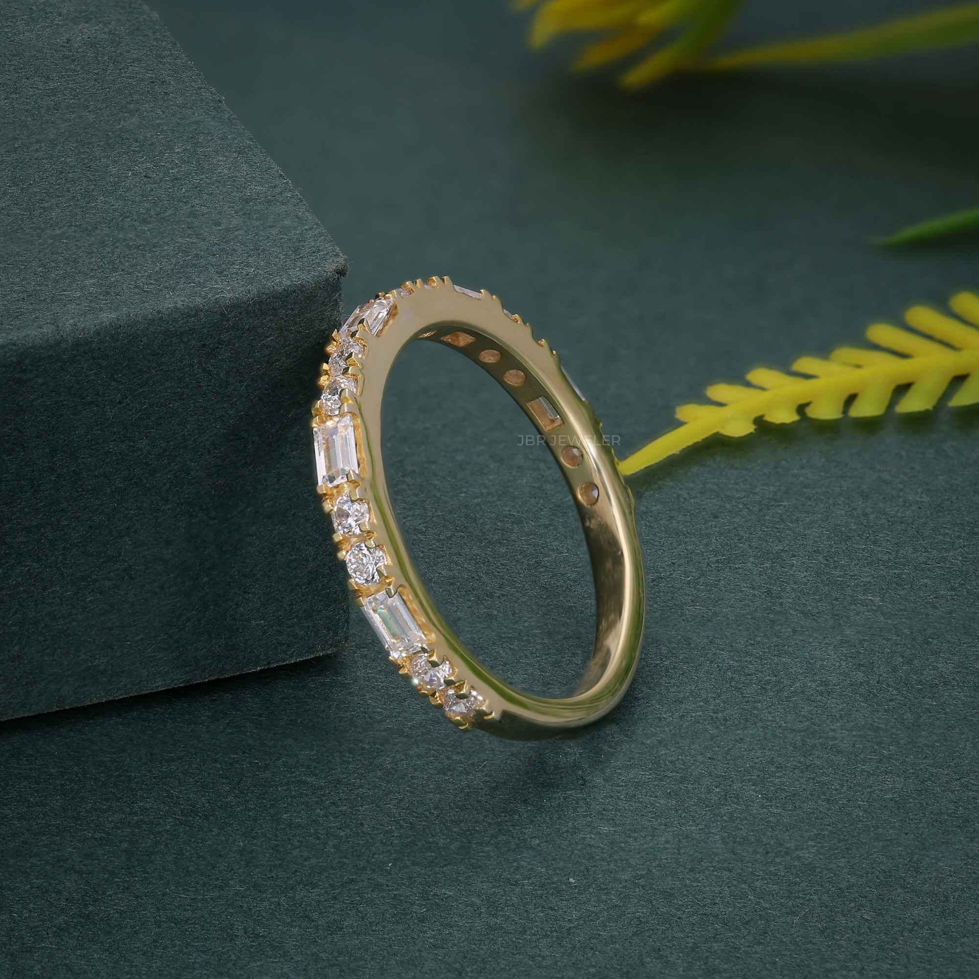 14k gold round dainty lab grown diamond wedding band, detailed close-up showing fine craftsmanship with brilliant sparkle