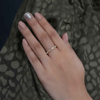 14k gold round dainty lab grown diamond wedding band, styled on model showing fine craftsmanship with brilliant sparkle