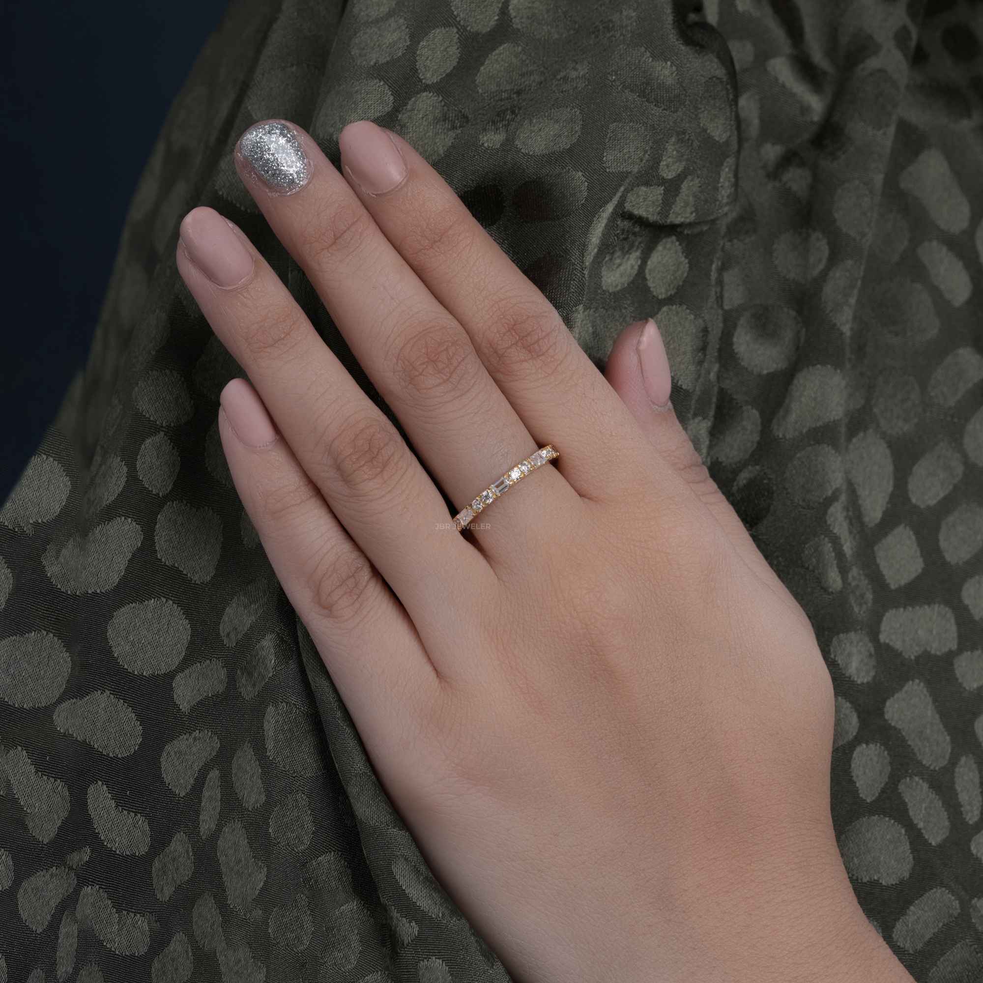 14k gold round dainty lab grown diamond wedding band, styled on model showing fine craftsmanship with brilliant sparkle