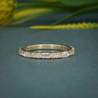 14k gold round dainty lab grown diamond wedding band, front view showing fine craftsmanship with brilliant sparkle