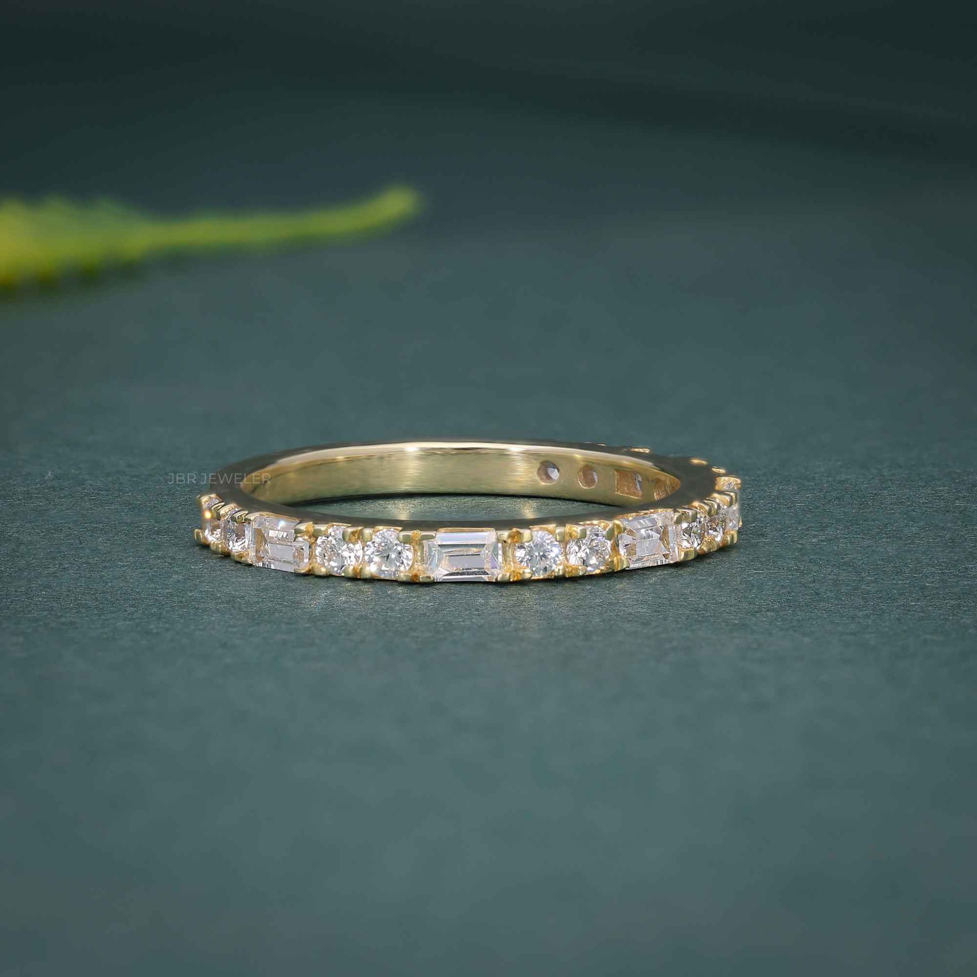 14k gold round dainty lab grown diamond wedding band, three-quarter view showing fine craftsmanship